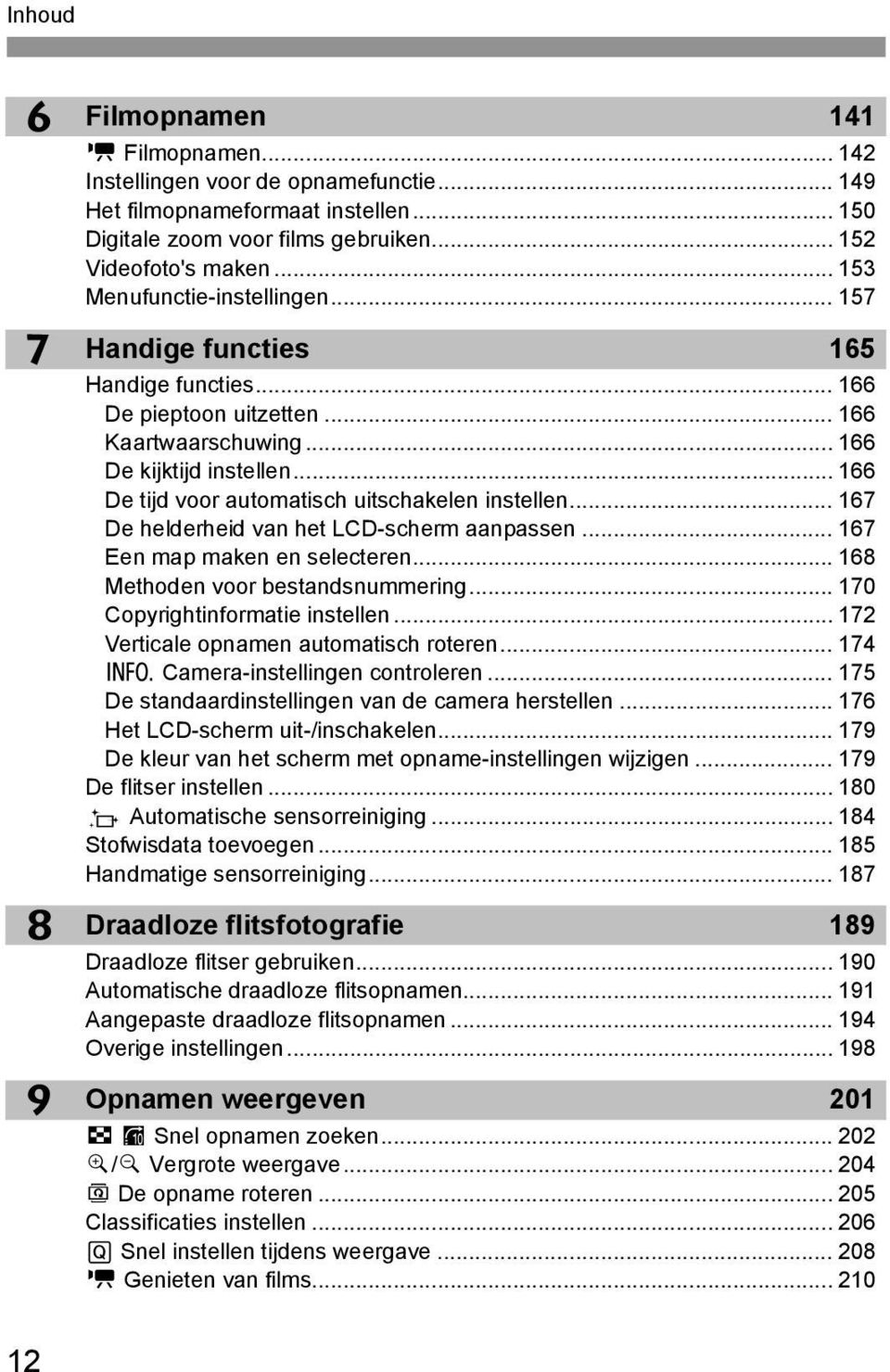 .. 166 De tijd voor automatisch uitschaelen instellen... 167 De helderheid van het LCD-scherm aanpassen... 167 Een map maen en selecteren... 168 Methoden voor bestandsnummering.