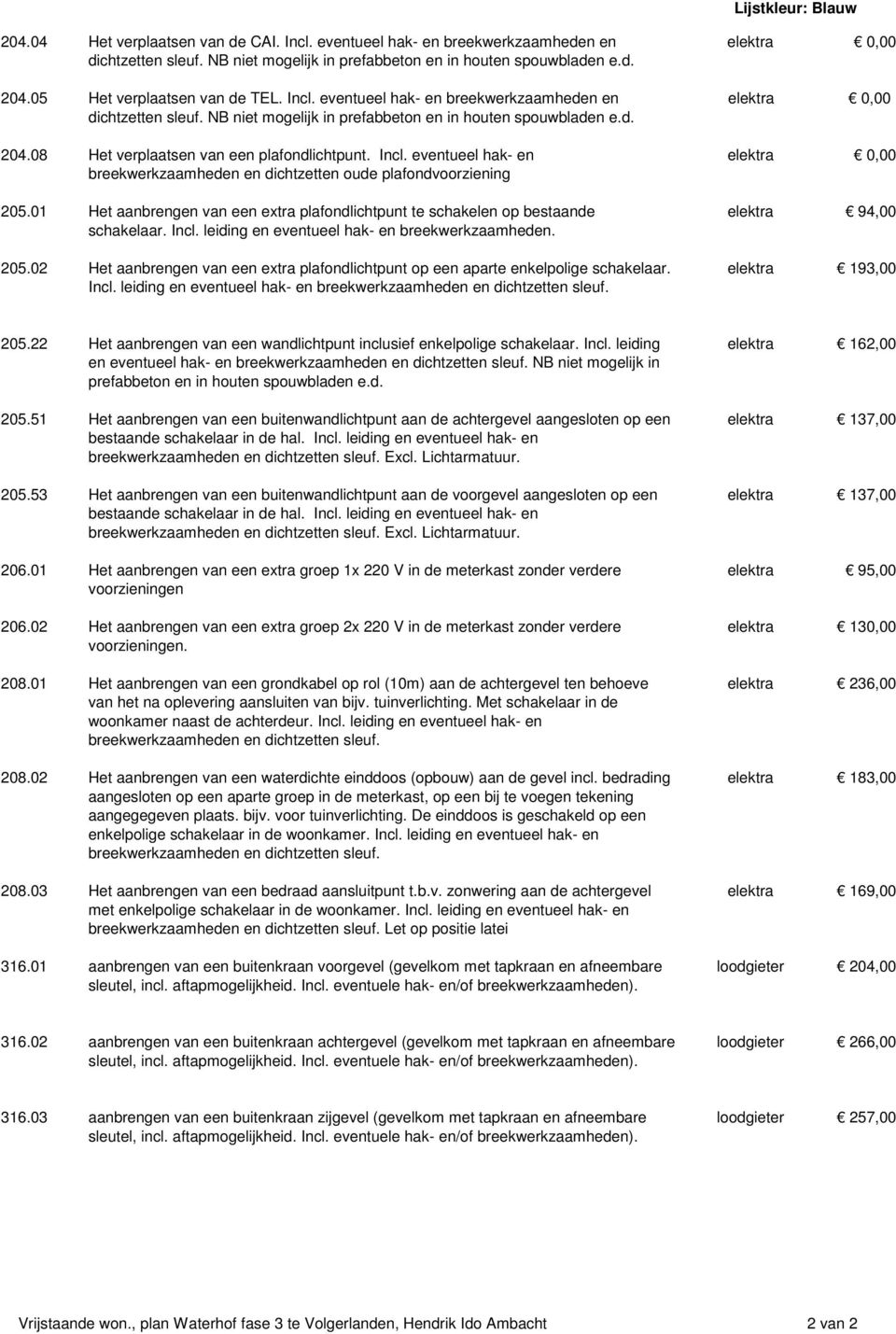 eventueel hak- en breekwerkzaamheden en dichtzetten oude plafondvoorziening 205.01 Het aanbrengen van een extra plafondlichtpunt te schakelen op bestaande schakelaar. Incl.