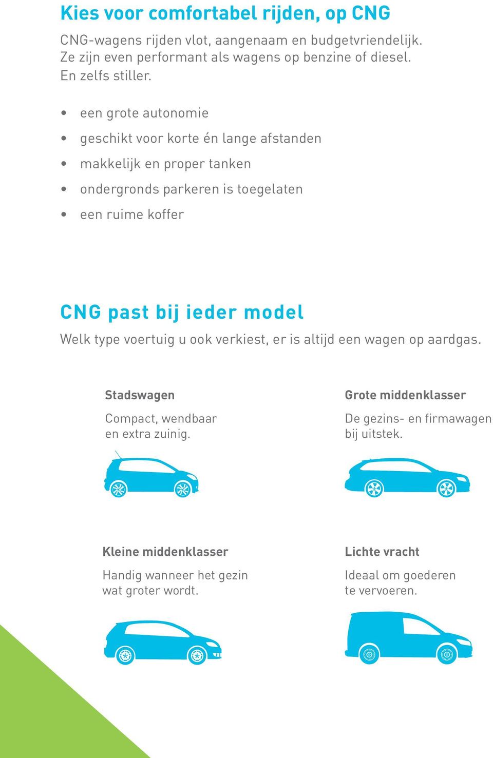een grote autonomie geschikt voor korte én lange afstanden makkelijk en proper tanken ondergronds parkeren is toegelaten een ruime koffer i tstoot CNG past