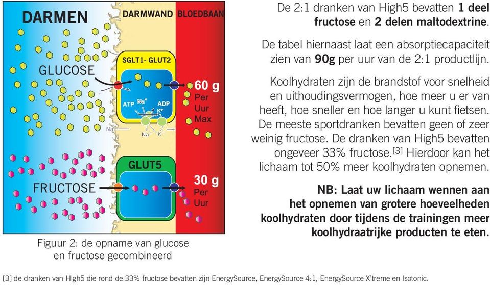 De dranken van High5 bevatten ongeveer 33% fructose. [3] Hierdoor kan het lichaam tot 50% meer koolhydraten opnemen.