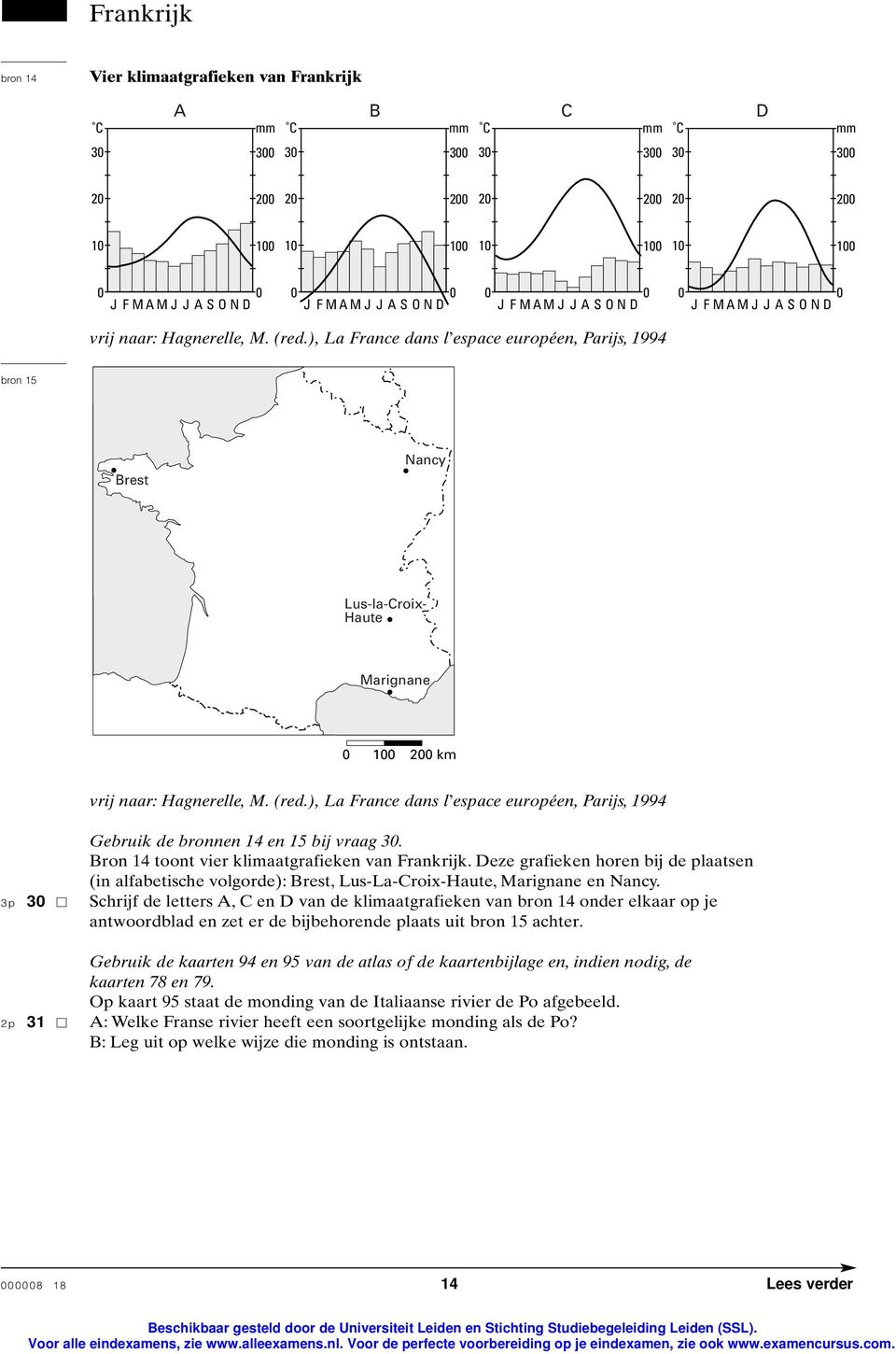 Bron 14 toont vier klimaatgrafieken van Frankrijk. Deze grafieken horen bij de plaatsen (in alfabetische volgorde): Brest, Lus-La-Croix-Haute, Marignane en Nancy.