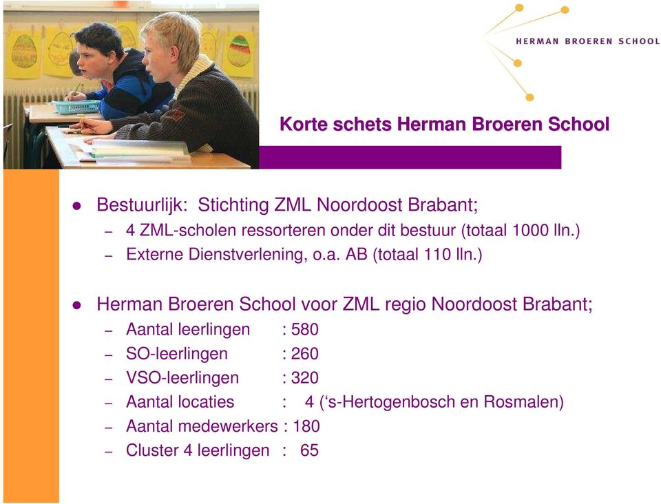 ) Herman Broeren School voor ZML regio Noordoost Brabant; Aantal leerlingen : 580 SO-leerlingen : 260