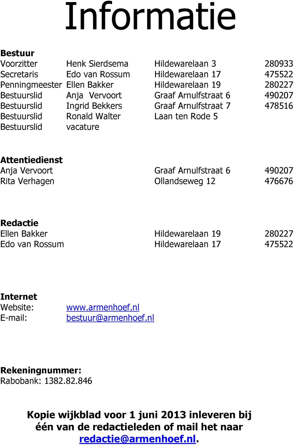 Vervoort Graaf Arnulfstraat 6 490207 Rita Verhagen Ollandseweg 12 476676 Redactie Ellen Bakker Hildewarelaan 19 280227 Edo van Rossum Hildewarelaan 17 475522 Internet Website: