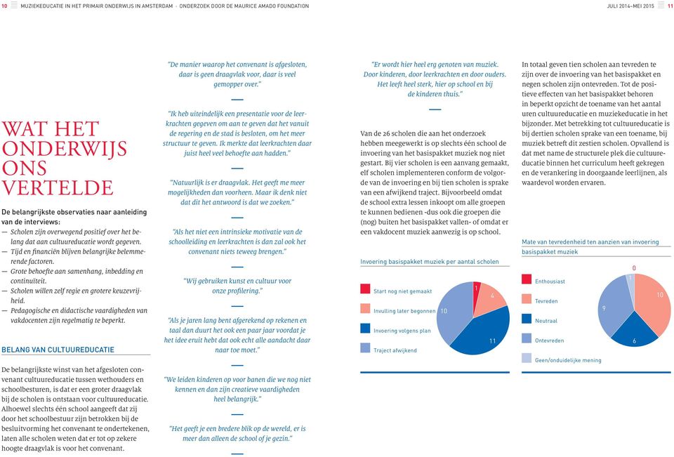 Grote behoefte aan samenhang, inbedding en continuïteit. Scholen willen zelf regie en grotere keuzevrijheid. Pedagogische en didactische vaardigheden van vakdocenten zijn regelmatig te beperkt.