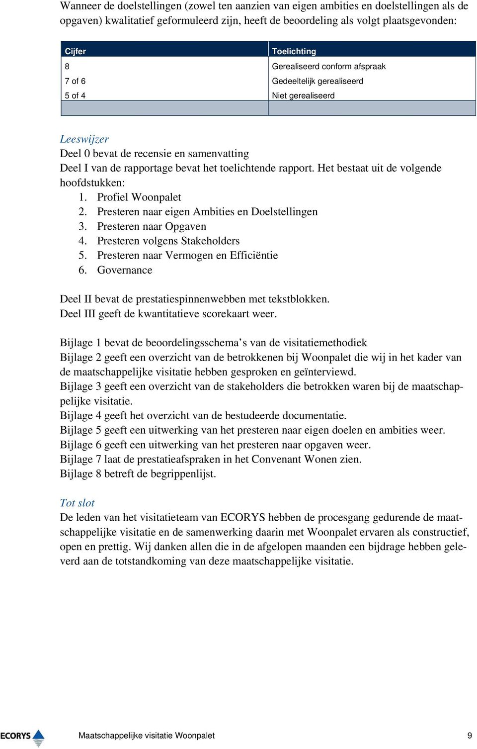 Het bestaat uit de volgende hoofdstukken: 1. Profiel Woonpalet 2. Presteren naar eigen Ambities en Doelstellingen 3. Presteren naar Opgaven 4. Presteren volgens Stakeholders 5.