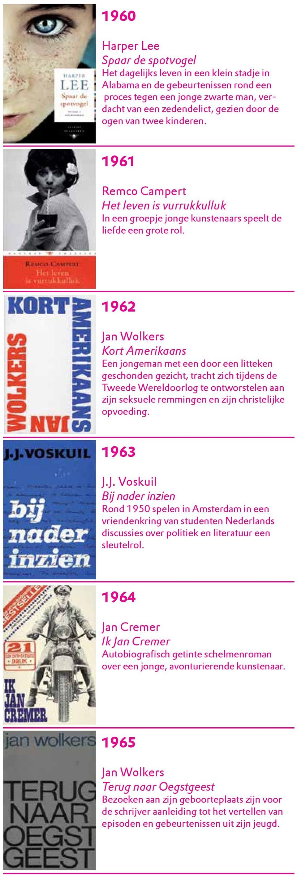 1962 Jan Wolkers Kort Amerikaans Een jongeman met een door een litteken geschonden gezicht, tracht zich tijdens de Tweede Wereldoorlog te ontworstelen aan zijn seksuele remmingen en zijn christelijke