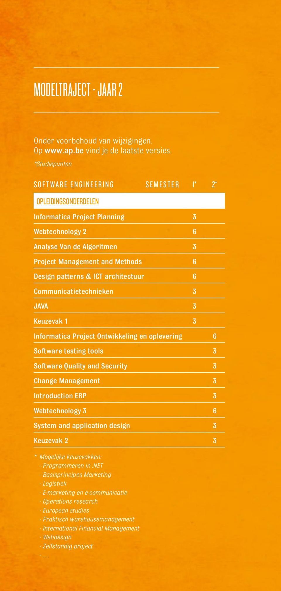 ICT architectuur 6 Communicatietechnieken 3 JAVA 3 Keuzevak 1 3 Informatica Project Ontwikkeling en oplevering 6 Software testing tools 3 Software Quality and Security 3 Change Management 3