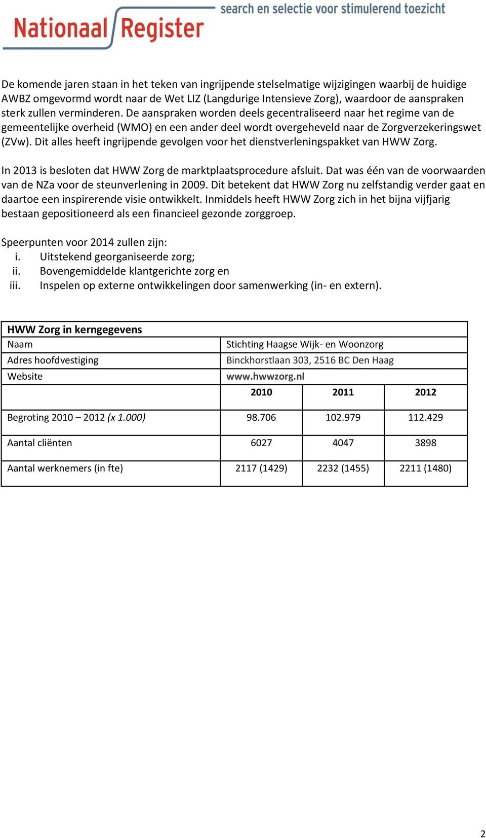 Dit alles heeft ingrijpende gevolgen voor het dienstverleningspakket van HWW Zorg. In 2013 is besloten dat HWW Zorg de marktplaatsprocedure afsluit.