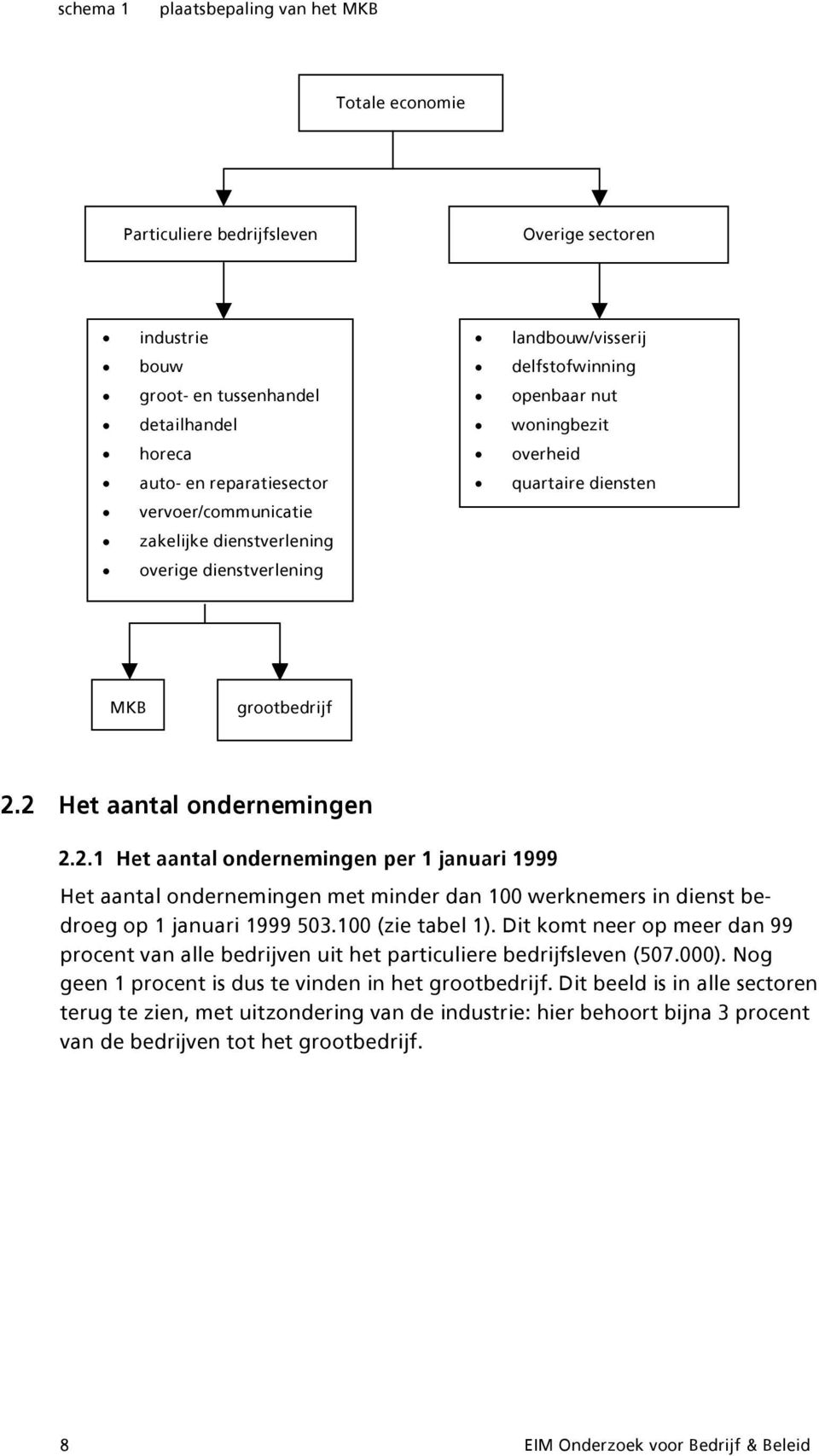 2 Het aantal ondernemingen 2.2.1 Het aantal ondernemingen per 1 januari 1999 Het aantal ondernemingen met minder dan 100 werknemers in dienst bedroeg op 1 januari 1999 503.100 (zie tabel 1).