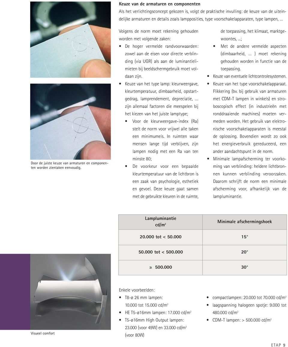 Volgens de norm moet rekening gehouden worden met volgende zaken: De hoger vermelde randvoorwaarden: zowel aan de eisen voor directe verblinding (via UGR) als aan de luminantielimieten bij