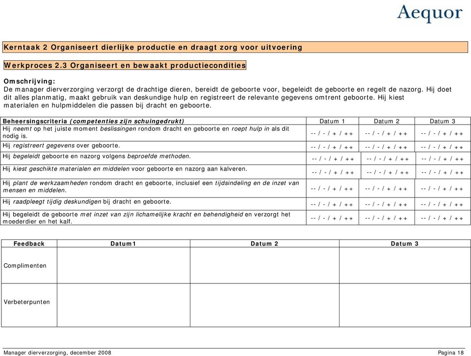 Hij doet dit alles planmatig, maakt gebruik van deskundige hulp en registreert de relevante gegevens omtrent geboorte. Hij kiest materialen en hulpmiddelen die passen bij dracht en geboorte.