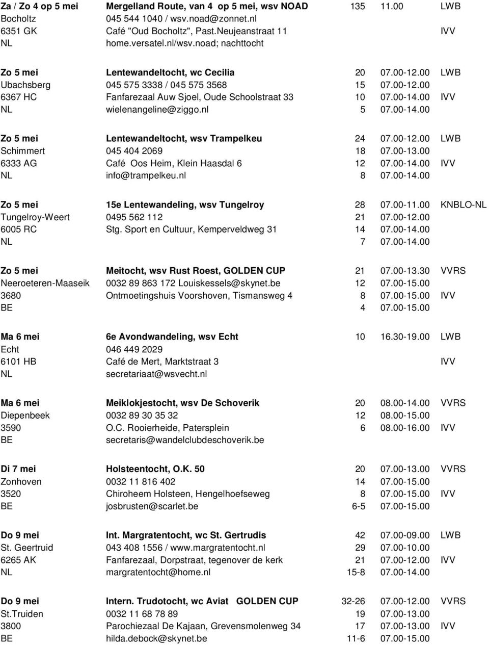 00 IVV wielenangeline@ziggo.nl 5 07.00-14.00 Zo 5 mei Lentewandeltocht, wsv Trampelkeu 24 07.00-12.00 LWB Schimmert 045 404 2069 18 07.00-13.00 6333 AG Café Oos Heim, Klein Haasdal 6 12 07.00-14.00 IVV info@trampelkeu.