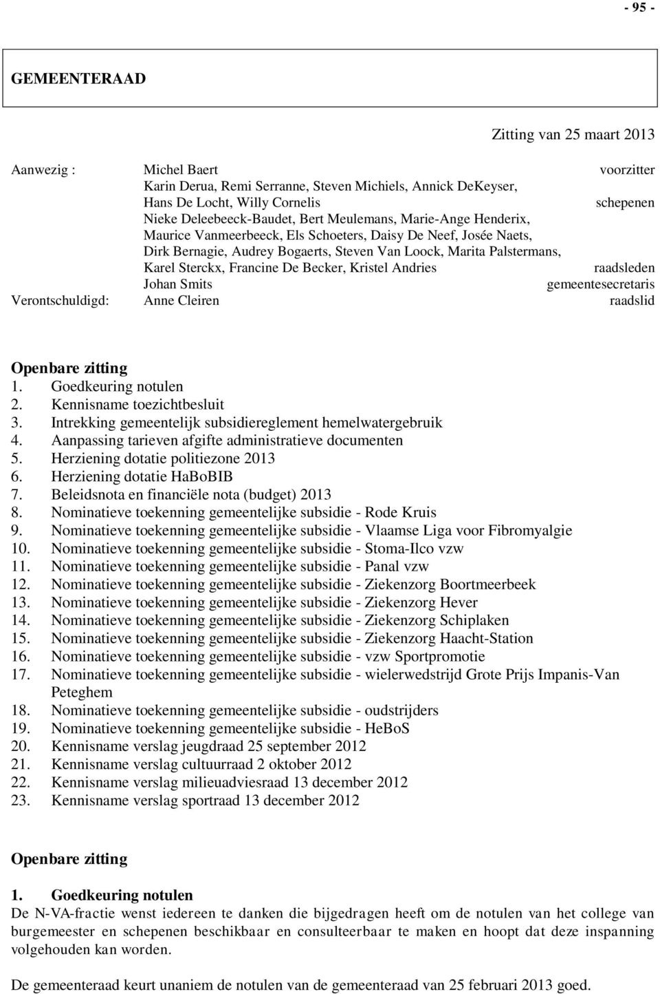 Sterckx, Francine De Becker, Kristel Andries raadsleden Johan Smits gemeentesecretaris Verontschuldigd: Anne Cleiren raadslid Openbare zitting 1. Goedkeuring notulen 2. Kennisname toezichtbesluit 3.