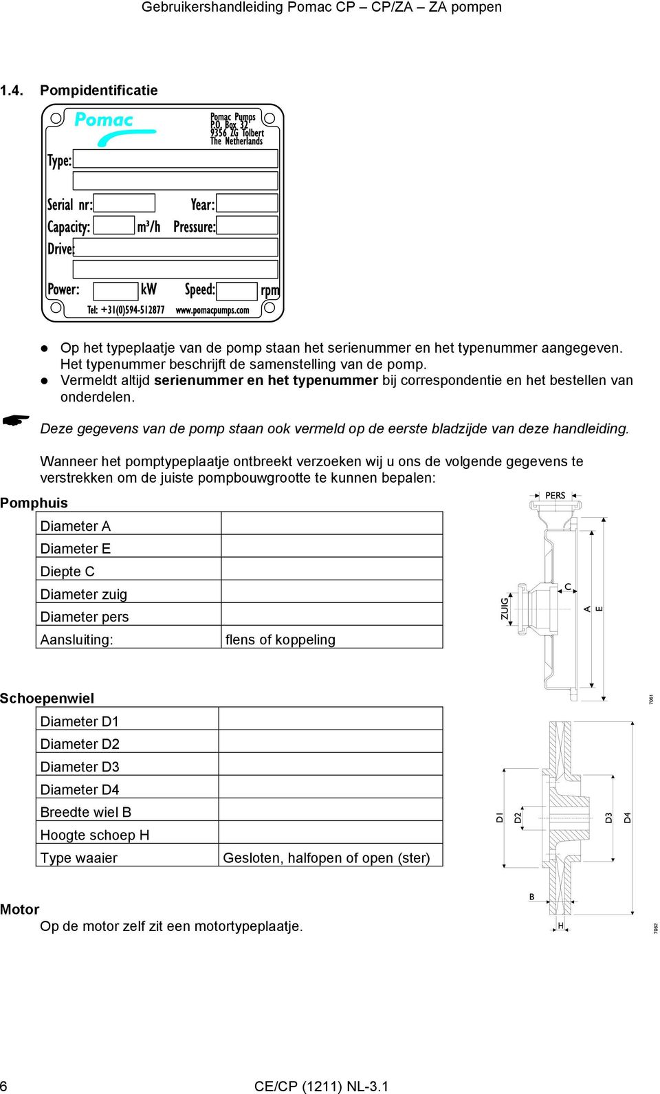 Pomphuis Wanneer het pomptypeplaatje ontbreekt verzoeken wij u ons de volgende gegevens te verstrekken om de juiste pompbouwgrootte te kunnen bepalen: Diameter A Diameter E Diepte C Diameter zuig