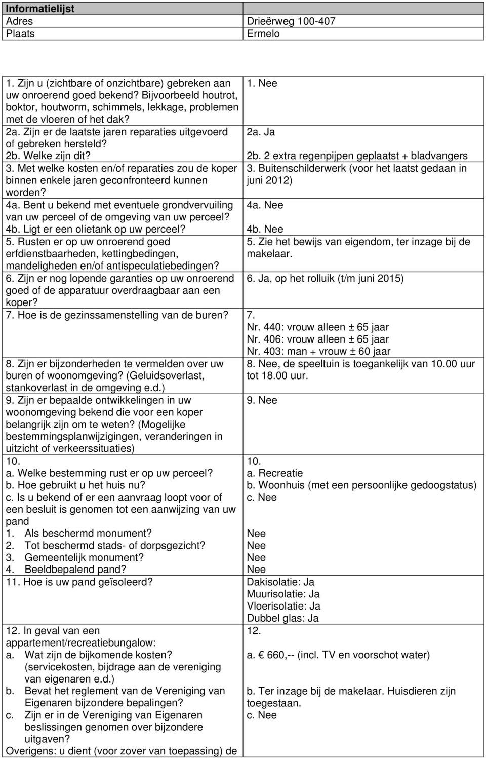 Met welke kosten en/of reparaties zou de koper binnen enkele jaren geconfronteerd kunnen worden? 4a. Bent u bekend met eventuele grondvervuiling van uw perceel of de omgeving van uw perceel? 4b.