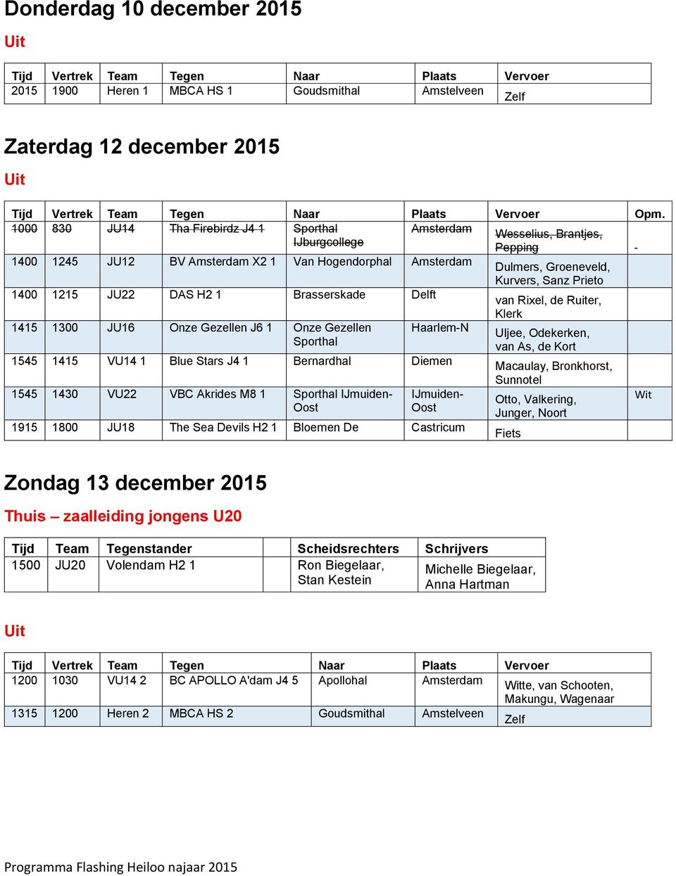 1415 1300 JU16 Onze Gezellen J6 1 Onze Gezellen Sporthal Haarlem-N 1545 1415 VU14 1 Blue Stars J4 1 Bernardhal Diemen 1545 1430 VU22 VBC Akrides M8 1 Sporthal IJmuiden- Oost IJmuiden- Oost 1915 1800