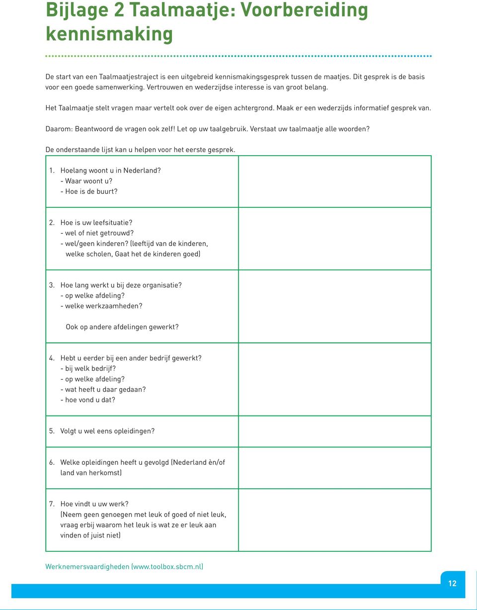 Daarom: Beantwoord de vragen ook zelf! Let op uw taalgebruik. Verstaat uw taalmaatje alle woorden? De onderstaande lijst kan u helpen voor het eerste gesprek. 1. Hoelang woont u in Nederland?