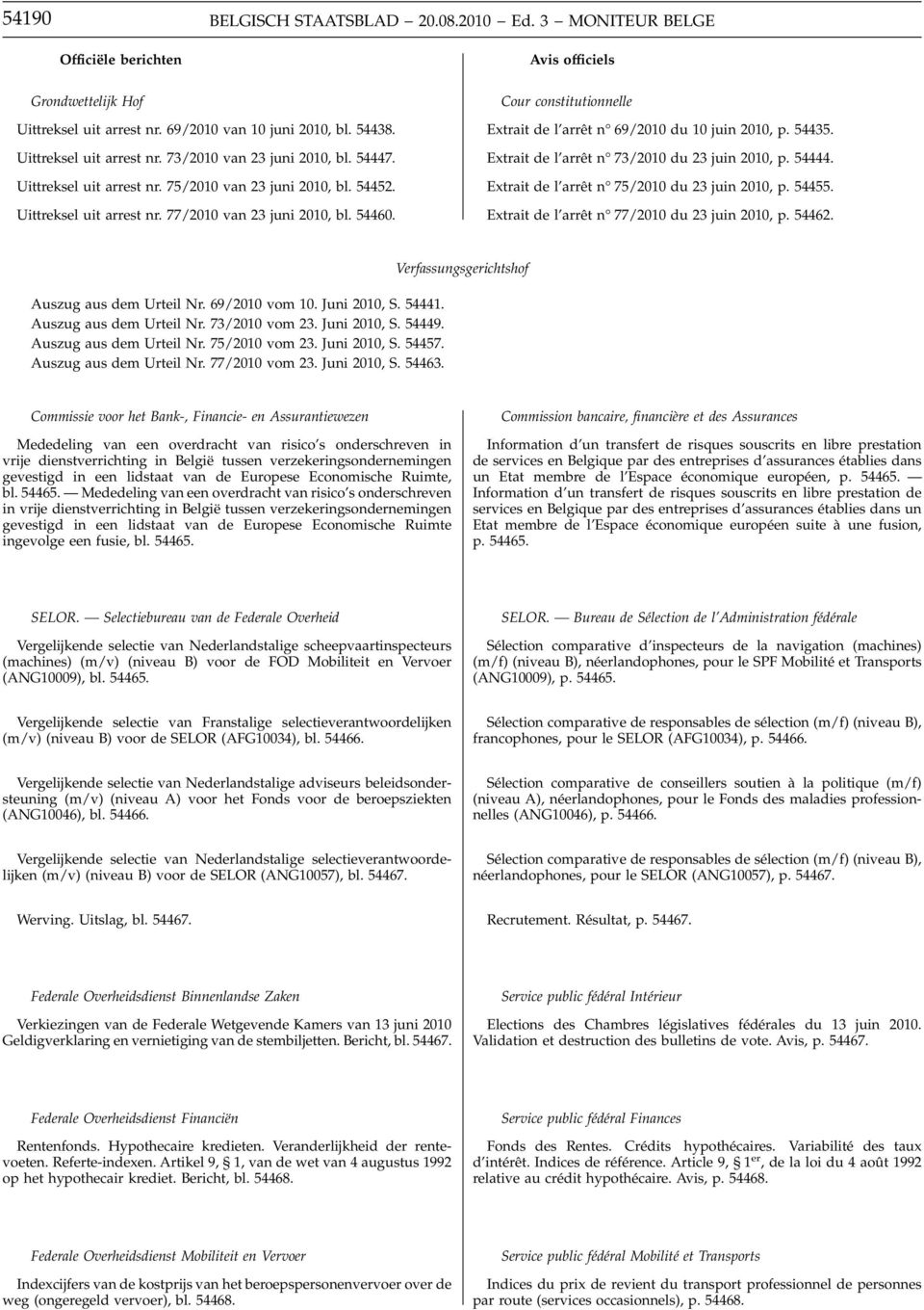 Avis officiels Cour constitutionnelle Extrait de l arrêt n 69/2010 du 10 juin 2010, p. 54435. Extrait de l arrêt n 73/2010 du 23 juin 2010, p. 54444. Extrait de l arrêt n 75/2010 du 23 juin 2010, p.