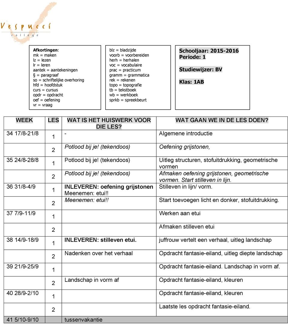 Studiewijzer: BV Klas: AB WEEK LES WAT IS HET HUISWERK VOOR WAT GAAN WE IN DE LES DOEN? DIE LES? 34 7/8-/8 - Algemene introductie Potlood bij je!