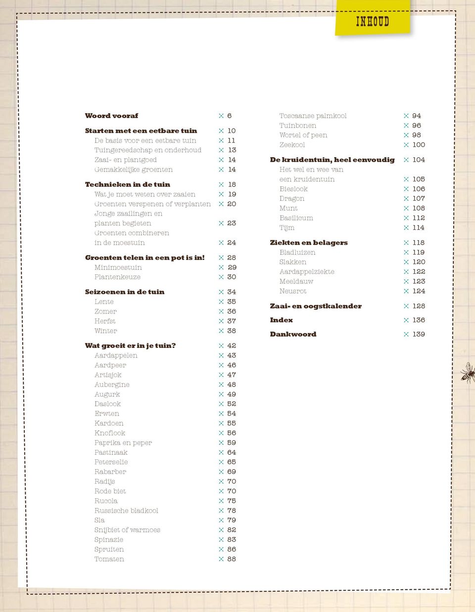28 Minimoestuin 29 Plantenkeuze 30 Seizoenen in de tuin 34 Lente 35 Zomer 36 Herfst 37 Winter 38 Wat groeit er in je tuin?