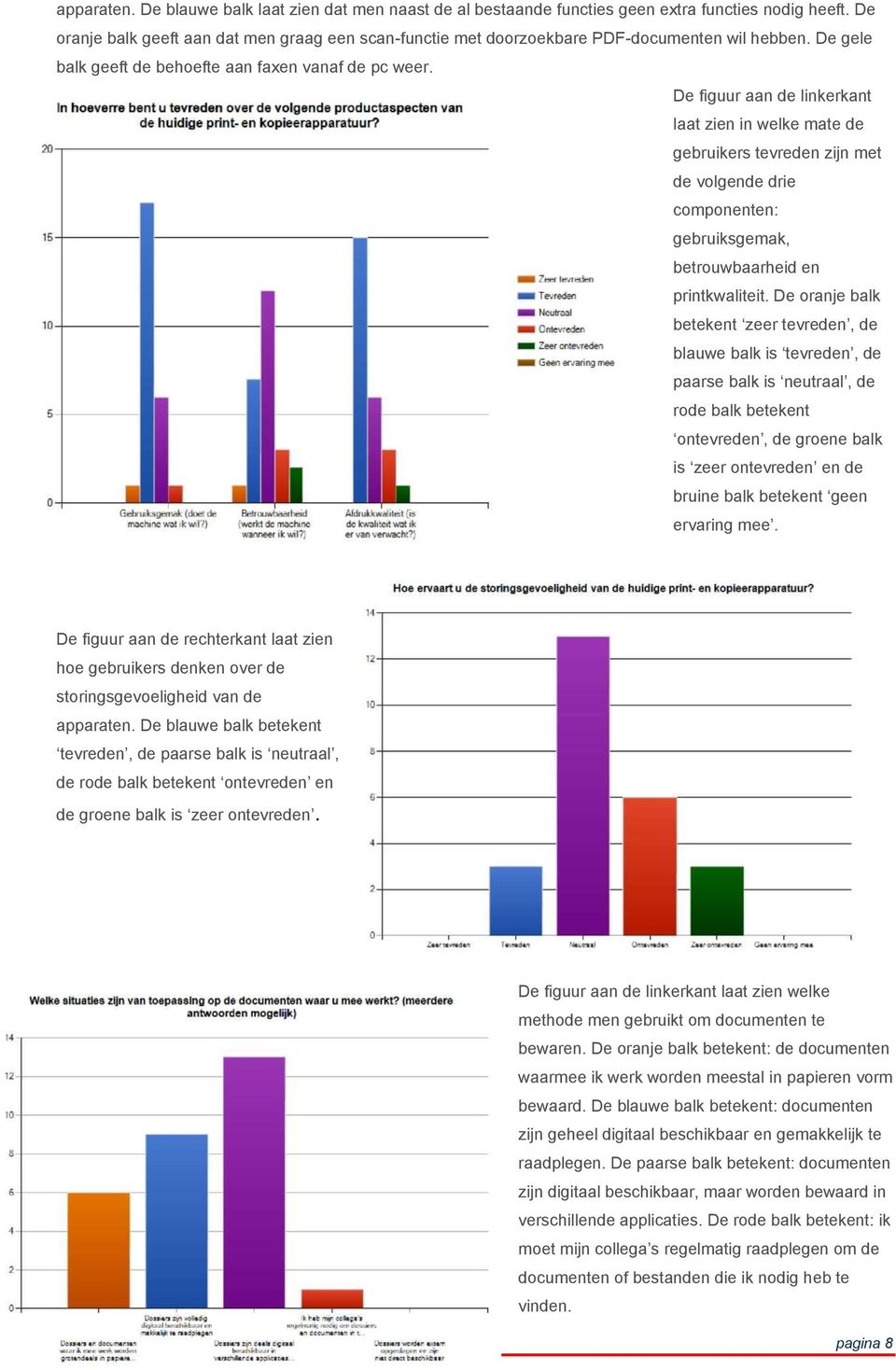 De figuur aan de linkerkant laat zien in welke mate de gebruikers tevreden zijn met de volgende drie componenten: gebruiksgemak, betrouwbaarheid en printkwaliteit.