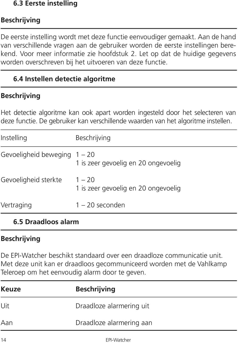 4 Instellen detectie algoritme Beschrijving Het detectie algoritme kan ook apart worden ingesteld door het selecteren van deze functie.