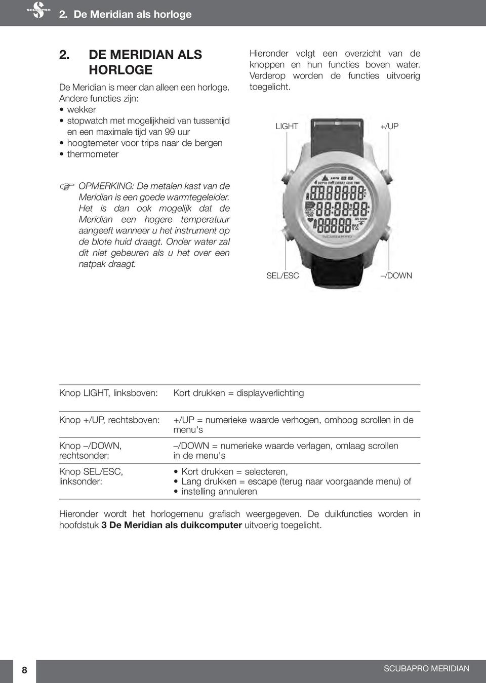 en hun functies boven water. Verderop worden de functies uitvoerig toegelicht. LIGHT F OPMERKING: De metalen kast van de Meridian is een goede warmtegeleider.