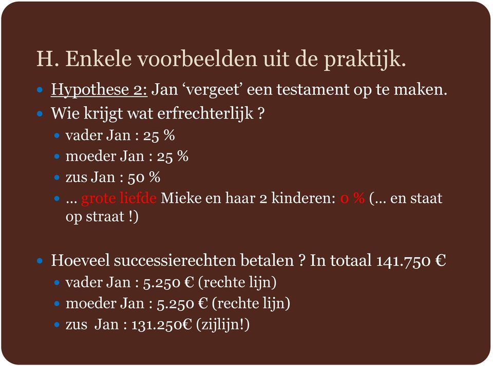 vader Jan : 25 % moeder Jan : 25 % zus Jan : 50 % grote liefde Mieke en haar 2 kinderen: 0 % (