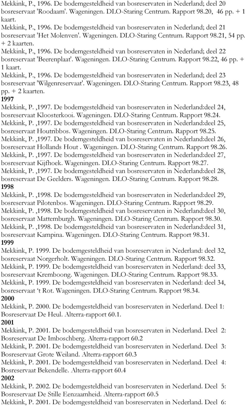 + 1 kaart. Mekkink, P., 1996. De bodemgesteldheid van bosreservaten in Nederland; deel 23 bosreservaat 'Wilgenreservaat'. Wageningen. DLO-Staring Centrum. Rapport 98.23, 48 pp. + 1997 Mekkink, P.