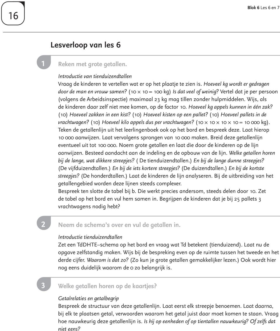 Wijs, als de kinderen daar zelf niet mee komen, op de factor 10. Hoeveel kg appels kunnen in één zak? (10) Hoeveel zakken in een kist? (10) Hoeveel kisten op een pallet?