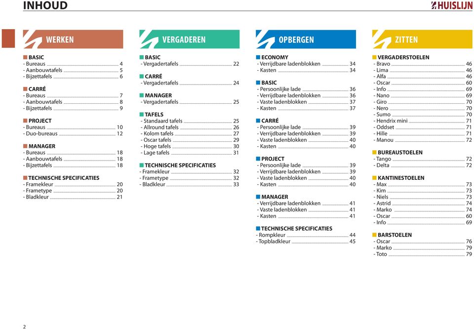 .. 22 CARRÉ - Vergadertafels... 24 MANAGER - Vergadertafels... 25 TAFELS - Standaard tafels... 25 - Allround tafels... 26 - Kolom tafels... 27 - Oscar tafels... 29 - Hoge tafels... 30 - Lage tafels.