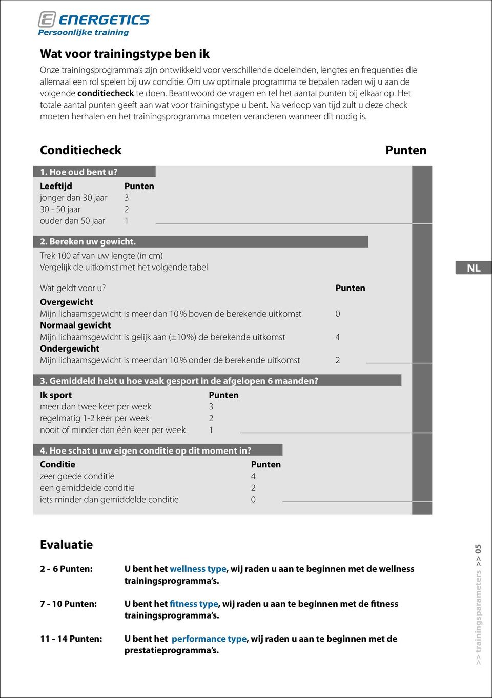 Het totale aantal punten geeft aan wat voor trainingstype u bent. Na verloop van tijd zult u deze check moeten herhalen en het trainingsprogramma moeten veranderen wanneer dit nodig is.