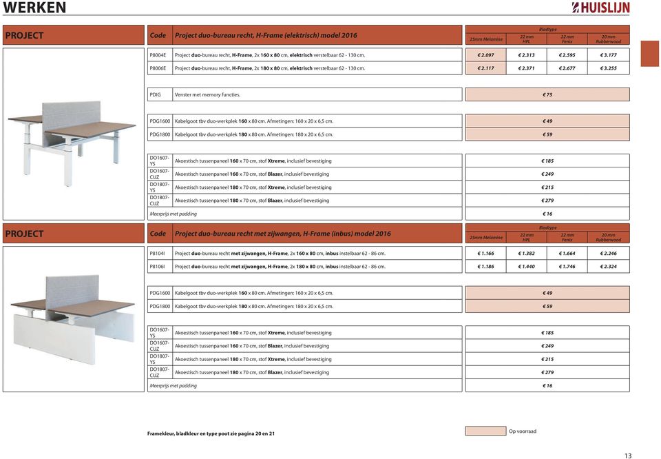 75 PROJECT Code Project duo-bureau recht met zijwangen, H-Frame (inbus) model 2016 P8104I Project duo-bureau recht met zijwangen, H-Frame, 160 x 80 cm, inbus