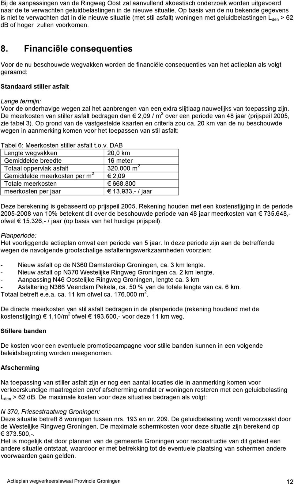 Financiële consequenties Voor de nu beschouwde wegvakken worden de financiële consequenties van het actieplan als volgt geraamd: Standaard stiller asfalt Lange termijn: Voor de onderhavige wegen zal