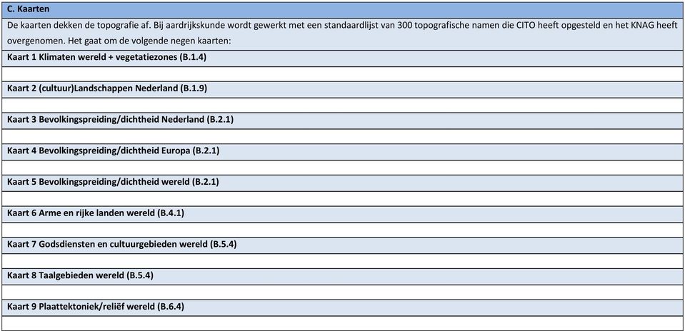 Het gaat om de volgende negen kaarten: Kaart 1 Klimaten wereld + vegetatiezones (B.1.4) Kaart 2 (cultuur)landschappen Nederland (B.1.9) Kaart 3 Bevolkingspreiding/dichtheid Nederland (B.