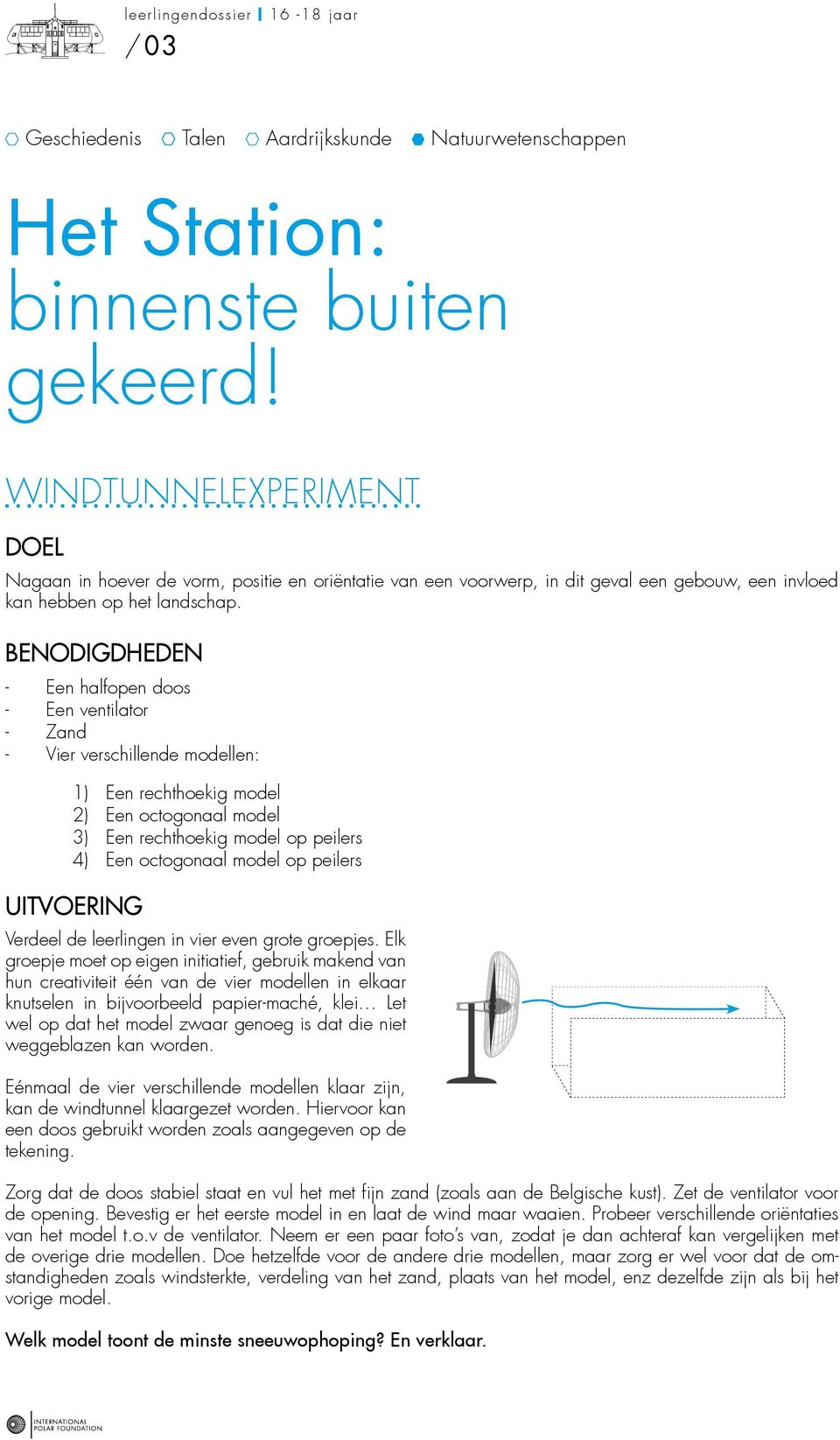 Benodigdheden - Een halfopen doos - Een ventilator - Zand - Vier verschillende modellen: 1) Een rechthoekig model 2) Een octogonaal model 3) Een rechthoekig model op peilers 4) Een octogonaal model