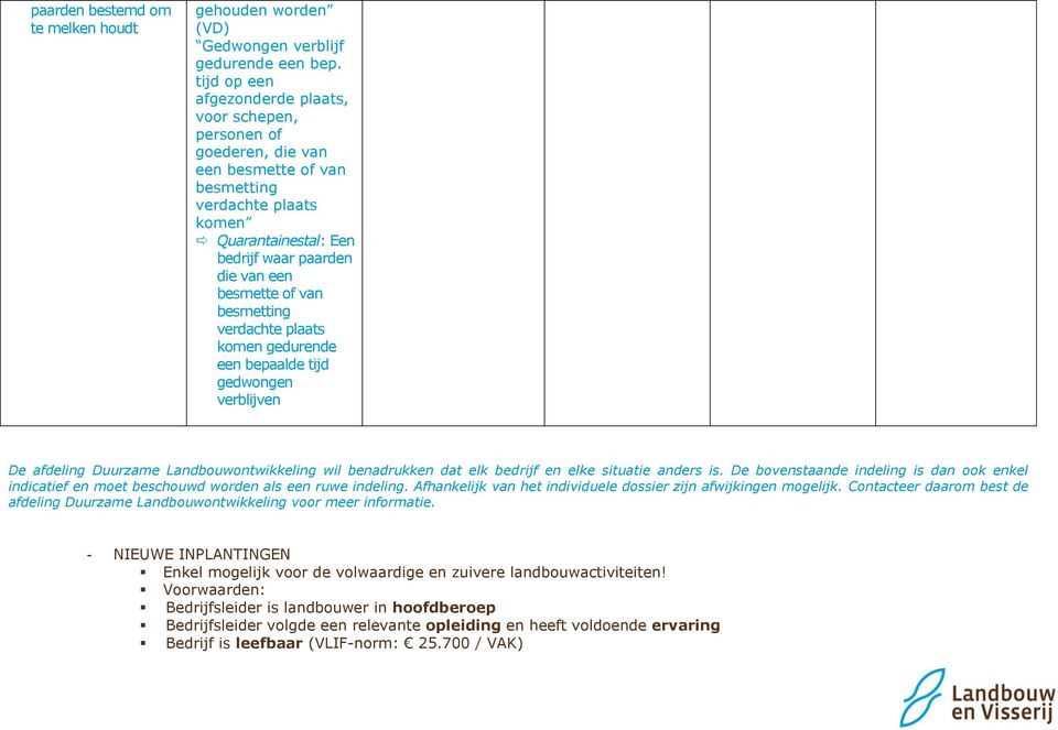 van besmetting verdachte plaats komen gedurende een bepaalde tijd gedwongen verblijven De afdeling Duurzame Landbouwontwikkeling wil benadrukken dat elk bedrijf en elke situatie anders is.