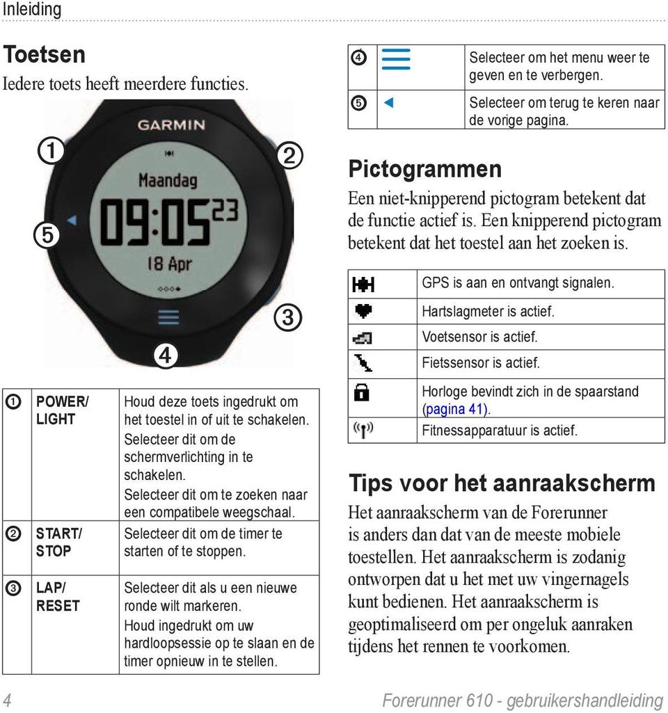 ➊ ➋ ➌ POWER/ LIGHT START/ STOP LAP/ RESET ➍ ➌ Houd deze toets ingedrukt om het toestel in of uit te schakelen. Selecteer dit om de schermverlichting in te schakelen.