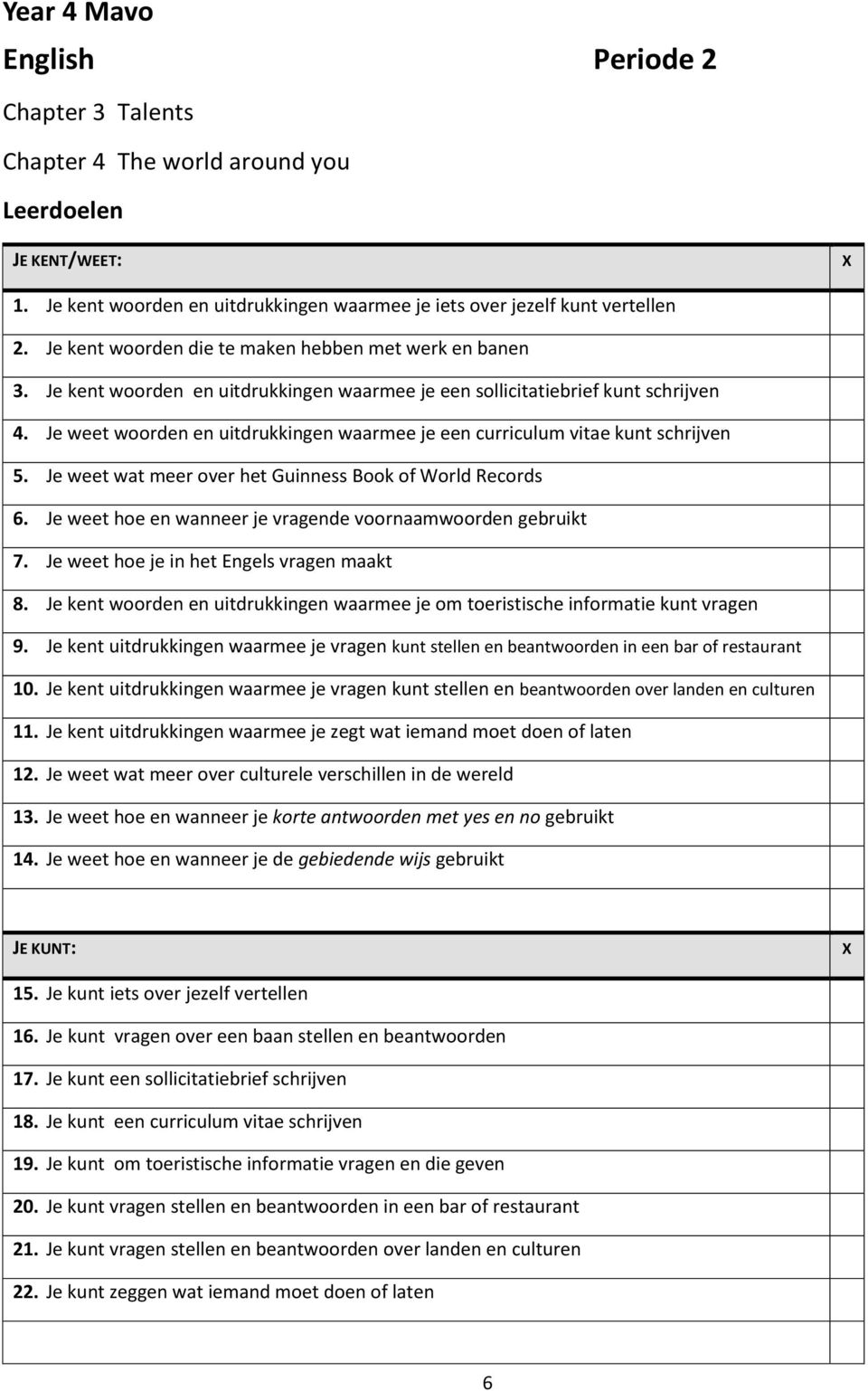 Je weet woorden en uitdrukkingen waarmee je een curriculum vitae kunt schrijven 5. Je weet wat meer over het Guinness Book of World Records 6.