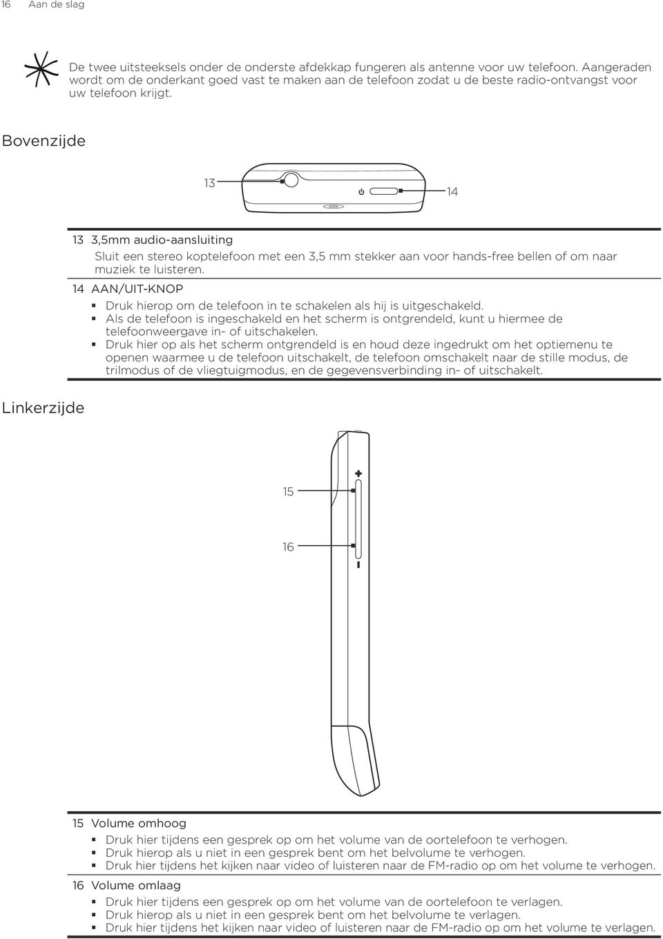 Bovenzijde 13 14 13 3,5mm audio-aansluiting Sluit een stereo koptelefoon met een 3,5 mm stekker aan voor hands-free bellen of om naar muziek te luisteren.