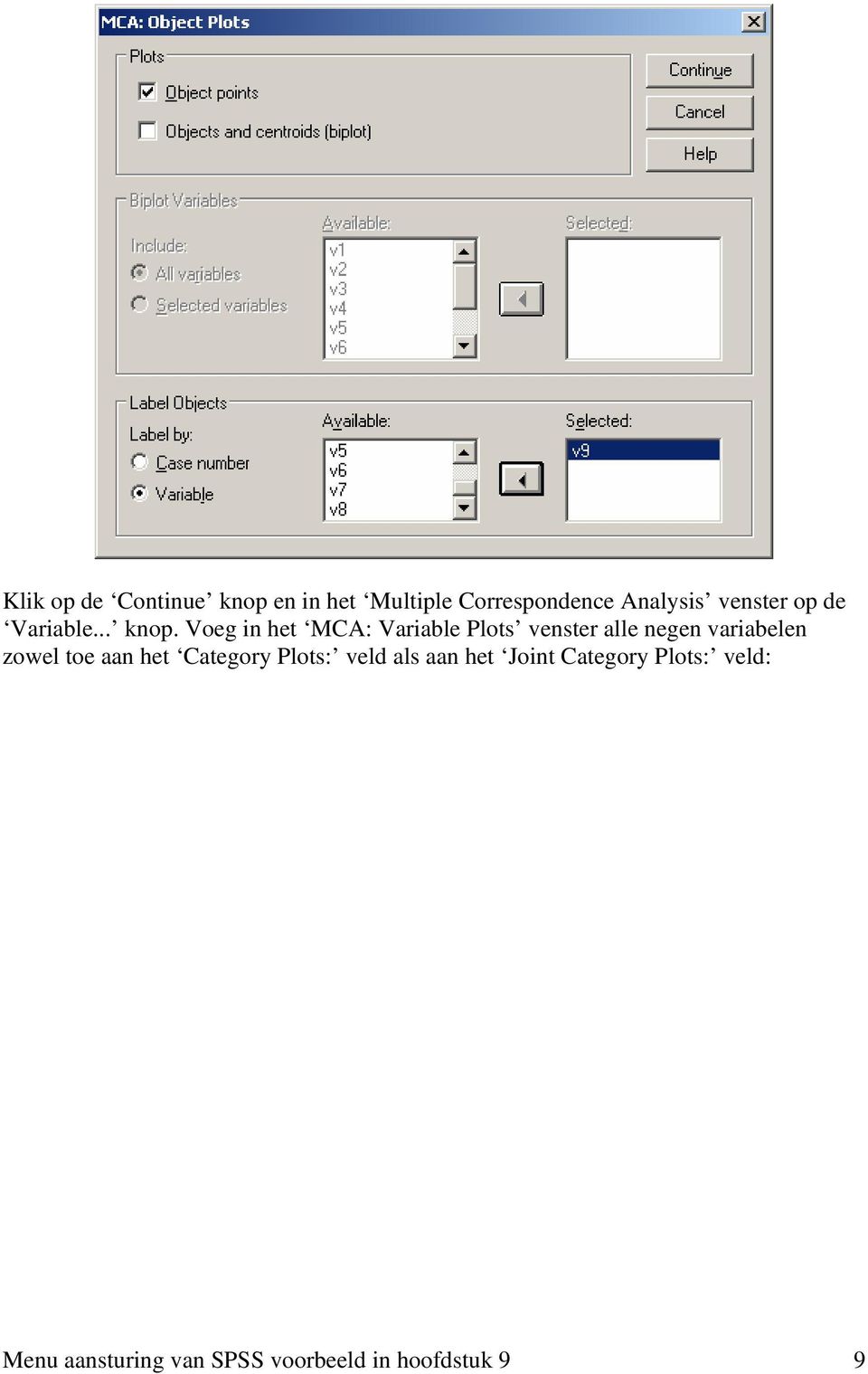 Voeg in het MCA: Variable Plots venster alle negen variabelen zowel toe