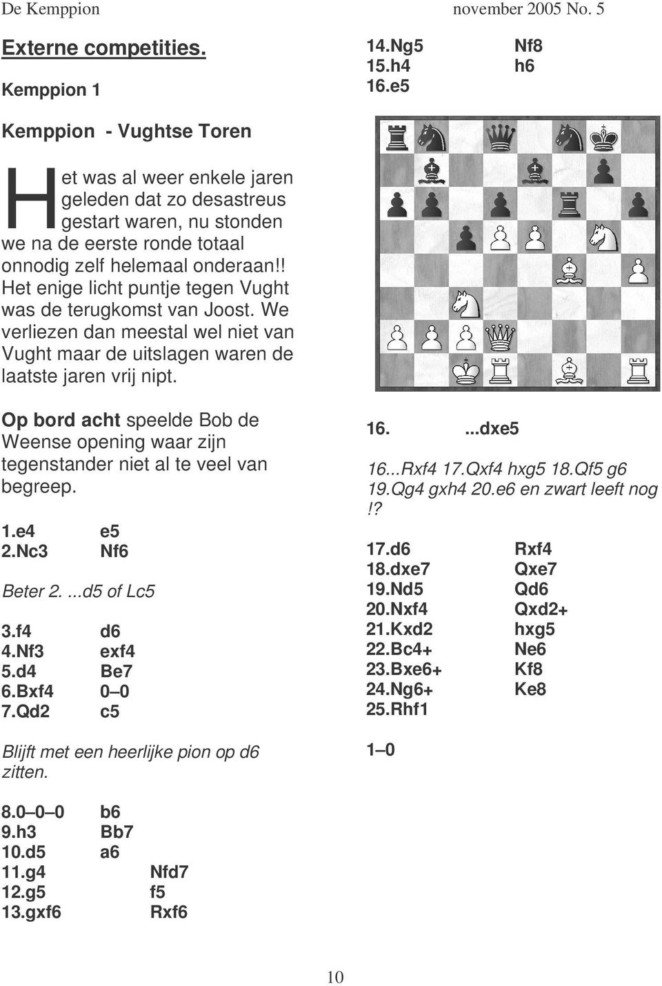 Op bord acht speelde Bob de Weense opening waar zijn tegenstander niet al te veel van begreep. 1.e4 e5 2.Nc3 Nf6 Beter 2....d5 of Lc5 3.f4 d6 4.Nf3 exf4 5.d4 Be7 6.Bxf4 0 0 7.