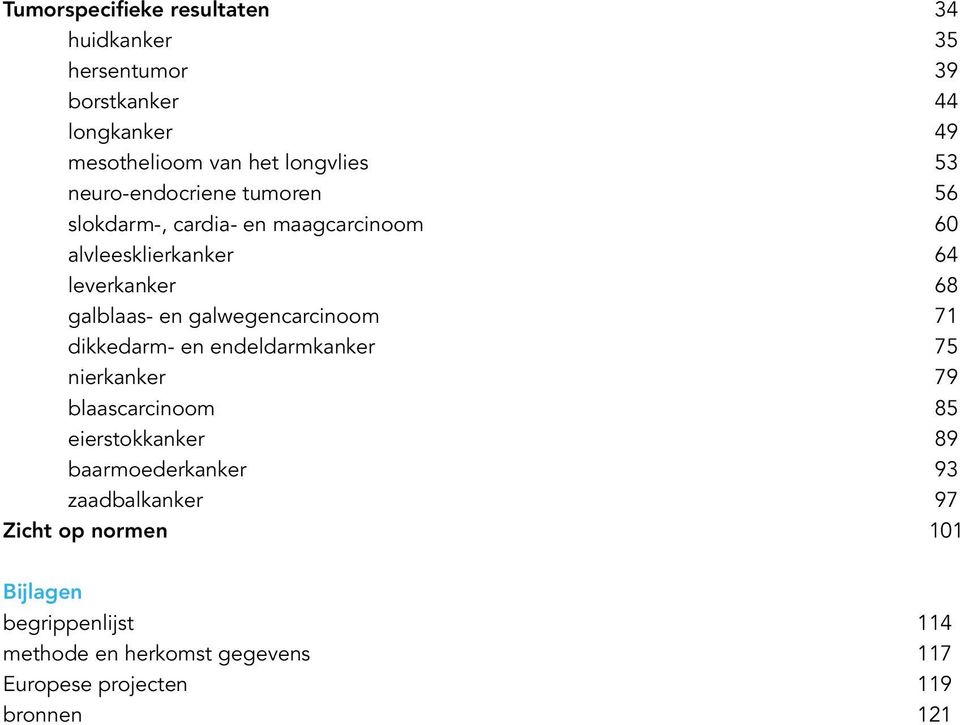 galwegencarcinoom 71 dikkedarm- en endeldarmkanker 75 nierkanker 79 blaascarcinoom 85 eierstokkanker 89 baarmoederkanker 93