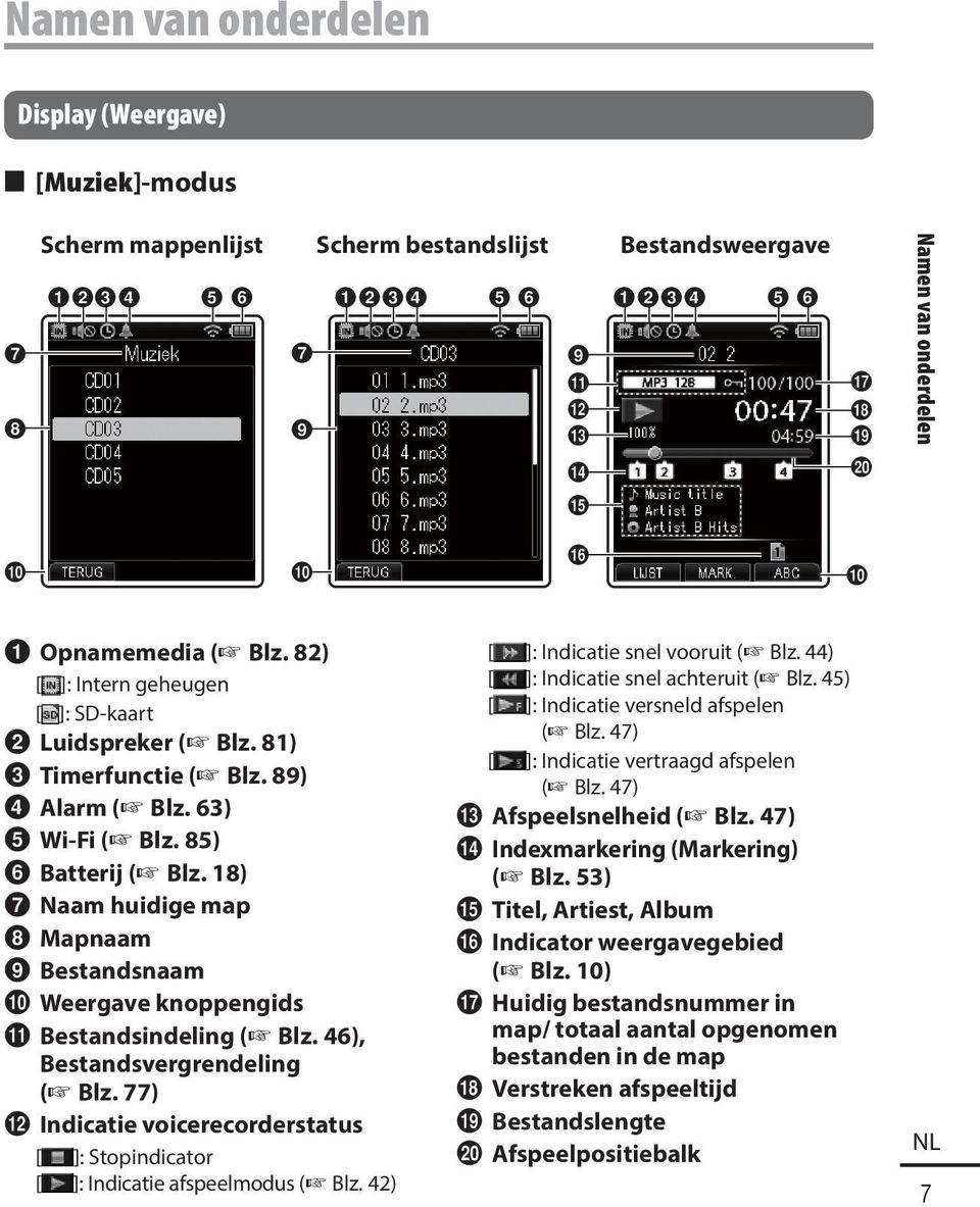 85) 6 Batterij ( Blz. 18) 7 Naam huidige map 8 Mapnaam 9 Bestandsnaam 0 Weergave knoppengids! Bestandsindeling ( Blz. 46), Bestandsvergrendeling ( Blz.