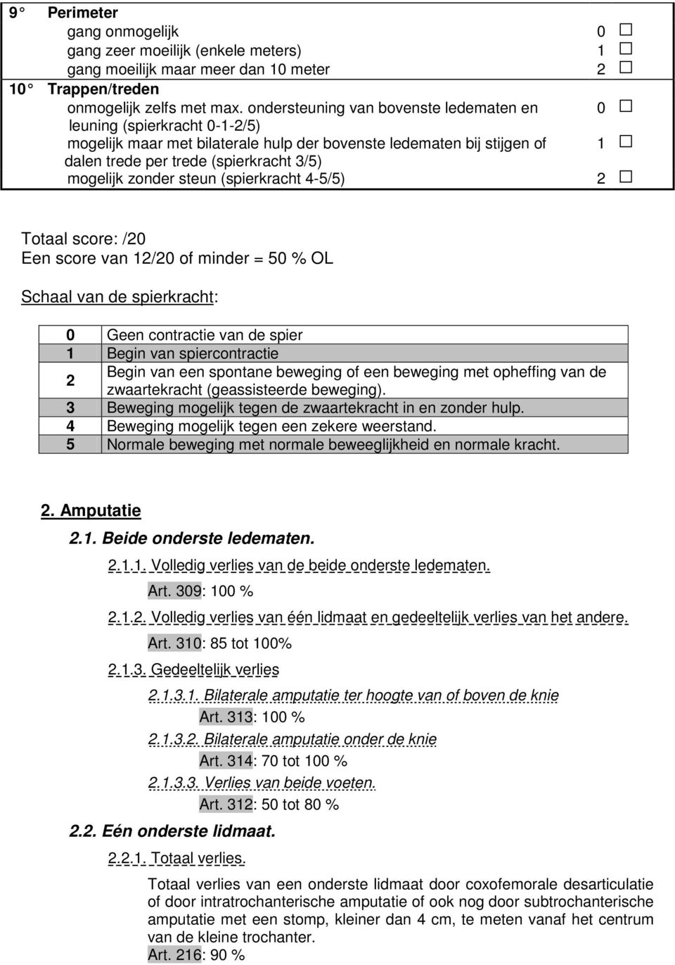 zonder steun (spierkracht 4-5/5) 2 Totaal score: /20 Een score van 12/20 of minder = 50 % OL Schaal van de spierkracht: 0 Geen contractie van de spier 1 Begin van spiercontractie Begin van een