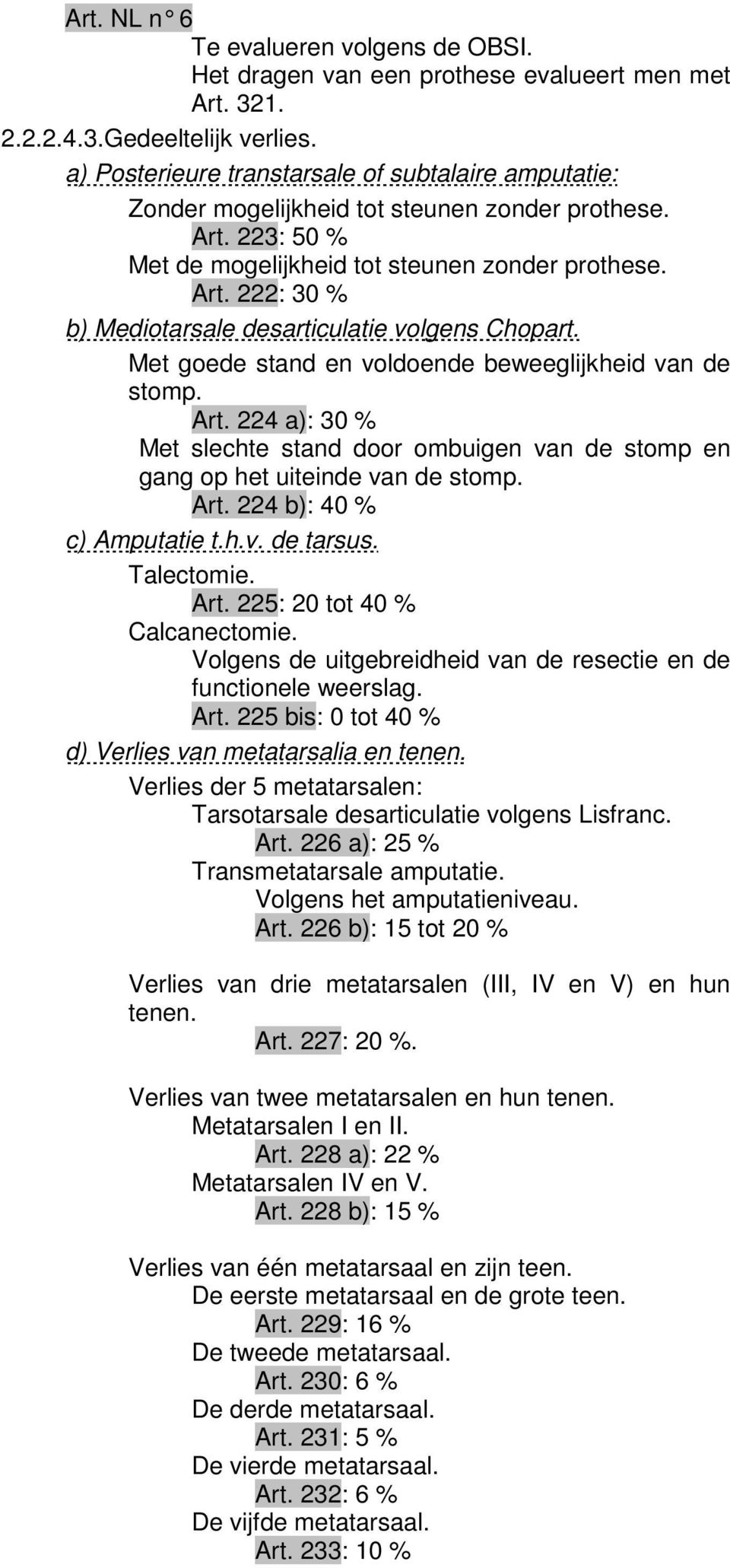 Met goede stand en voldoende beweeglijkheid van de stomp. Art. 224 a): 30 % Met slechte stand door ombuigen van de stomp en gang op het uiteinde van de stomp. Art. 224 b): 40 % c) Amputatie t.h.v. de tarsus.