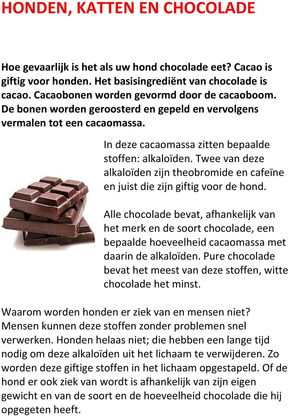 Twee van deze alkaloïden zijn theobromide en cafeïne en juist die zijn giftig voor de hond.