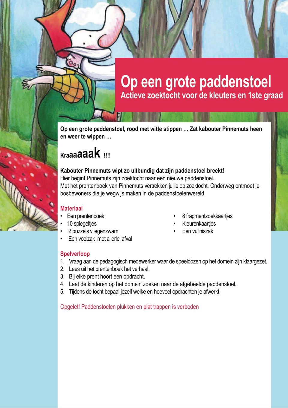 Met het prentenboek van Pinnemuts vertrekken jullie op zoektocht. Onderweg ontmoet je bosbewoners die je wegwijs maken in de paddenstoelenwereld.