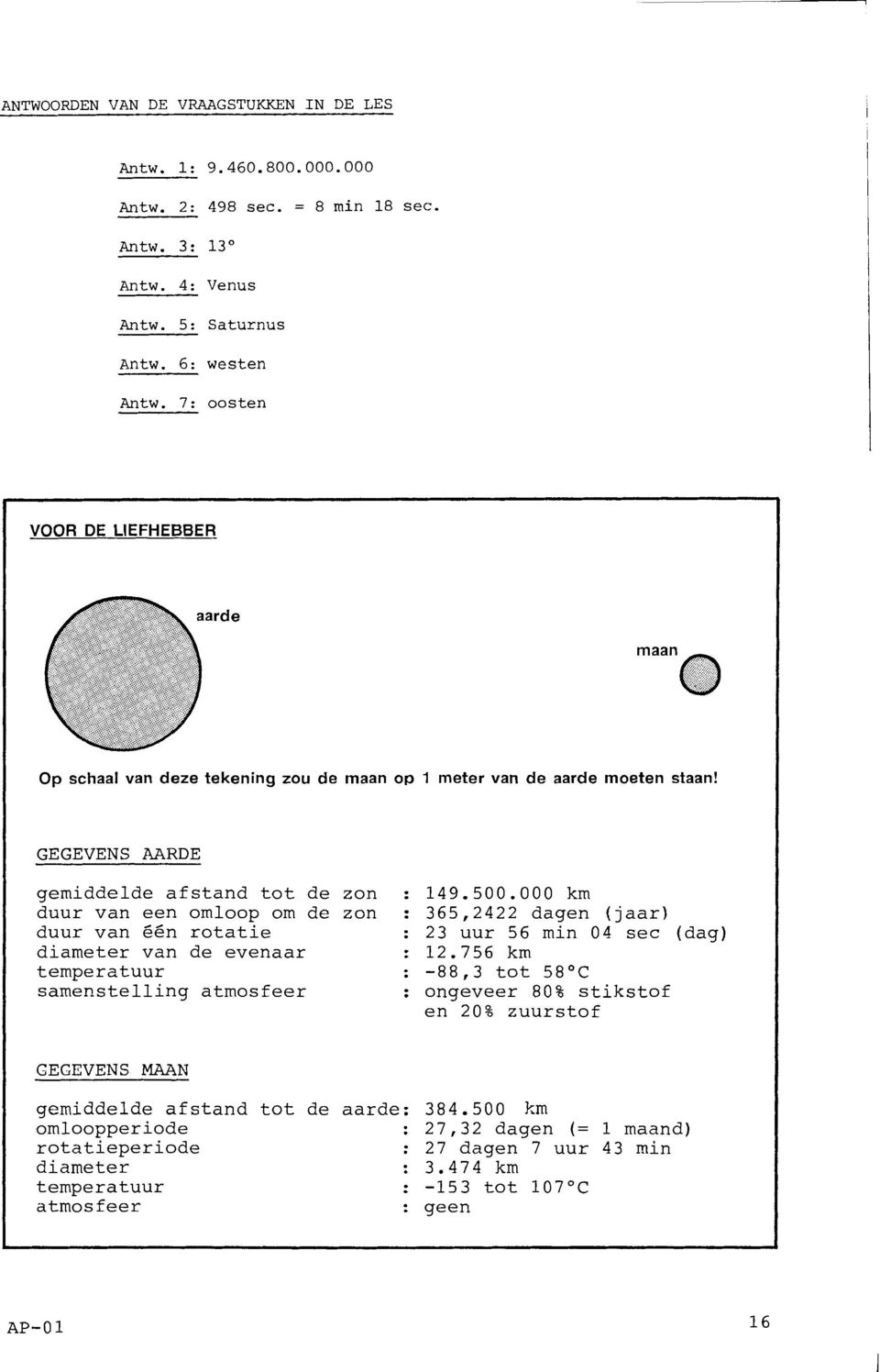 000 km duur van een omloop om de zon : 365,2422 dagen (jaar) duur van 66n rotatie : 23 uur 56 min 04 sec (dag) diameter van de evenaar : 12.