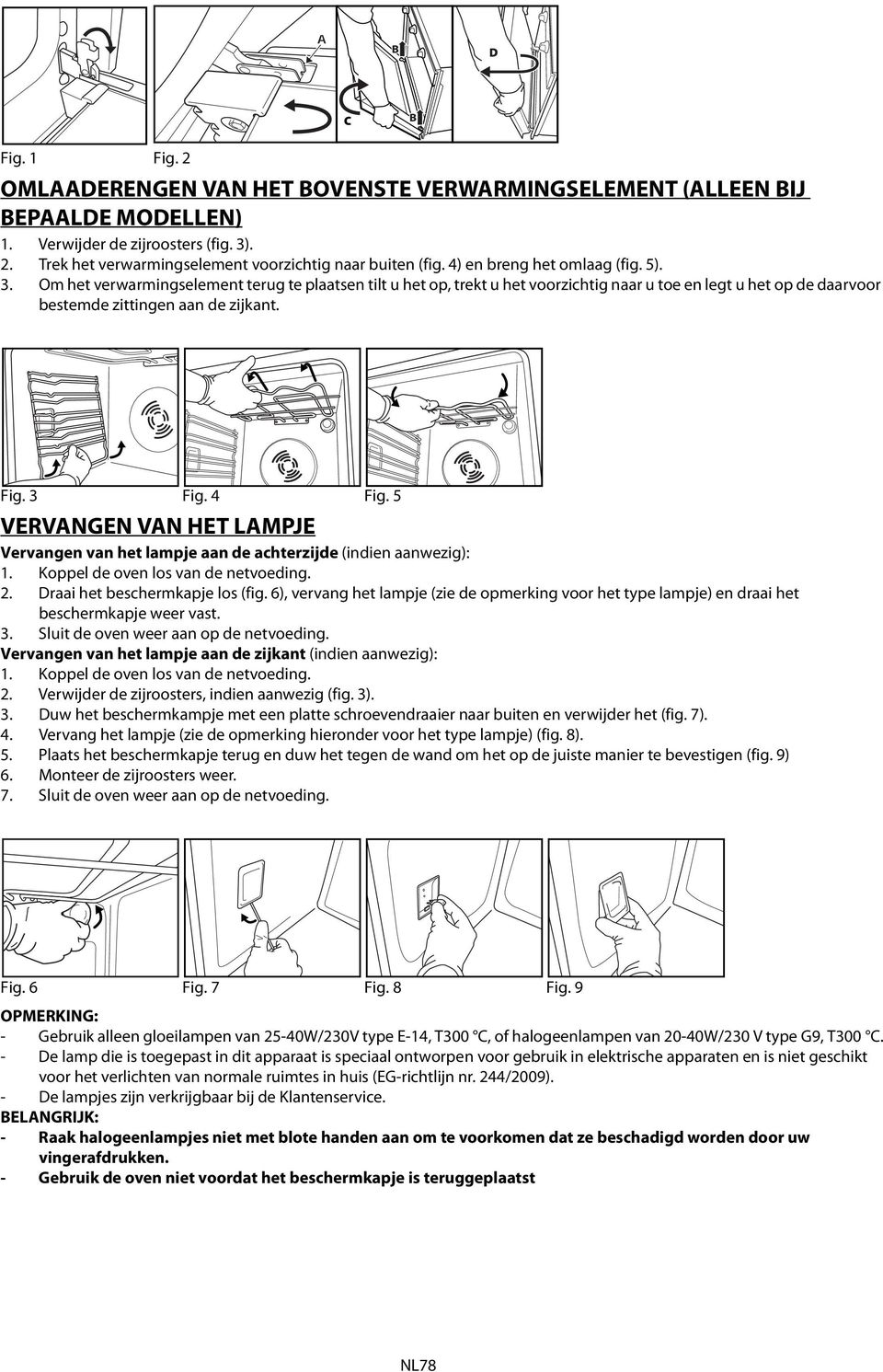 3 Fig. 4 Fig. 5 VERVANGEN VAN HET LAMPJE Vervangen van het lampje aan de achterzijde (indien aanwezig): 1. Koppel de oven los van de netvoeding. 2. Draai het beschermkapje los (fig.